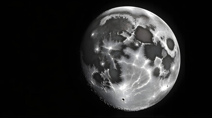 Stunning close-up of a full moon, showcasing detailed craters and lunar surface textures against a black sky.