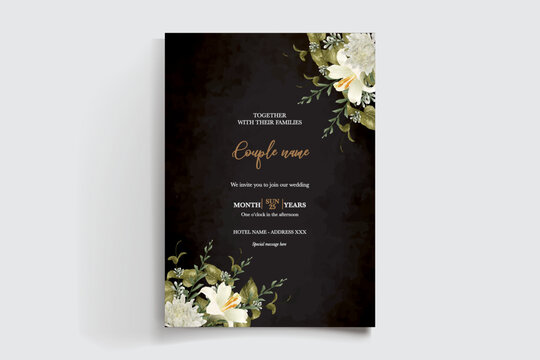 WEDDING INVITATION FRAME WITH FLOWER DECORATIONS AND FRESH LEAVES