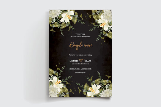 WEDDING INVITATION FRAME WITH FLOWER DECORATIONS AND FRESH LEAVES