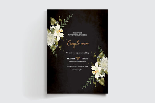 WEDDING INVITATION FRAME WITH FLOWER DECORATIONS AND FRESH LEAVES