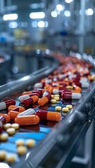 Poster - A close-up shot showcases pills and capsules on a conveyor belt within a medical factory. The scene highlights the production process and the precision involved in manufacturing.