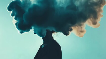 Aufkleber - Gradually enveloping smoke obscuring woman's head against soft blue background, symbolizing psychological pressure and deep emotional struggle with inner turmoil