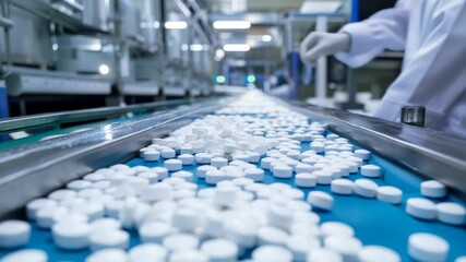 Aufkleber - Close-up of white pills on a blue conveyor belt in a manufacturing facility. An individual in a lab coat and gloves oversees the process, ensuring quality and precision in production.