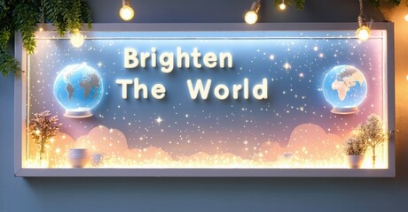 Fototapete - Bright rectangular display shows glowing globes, text reads Brighten The World. Soft lights illuminate colorful background. Festive, warm ambiance.