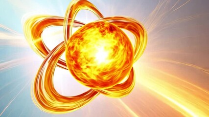 Poster - Atomic Fusion: Fiery energy explodes from the heart of an atom, radiating intense heat and light in a mesmerizing display of nuclear power.