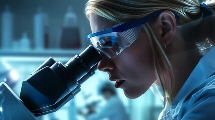 Aufkleber - A woman is examining a sample under a microscope in a lab. The researcher is wearing protective glasses and a lab coat, ensuring her safety while doing medical research.