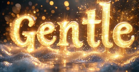 Aufkleber - Golden text spells Gentle. Sparkles surround lettering, creating luminous, celebratory effect. Background features dark waves.