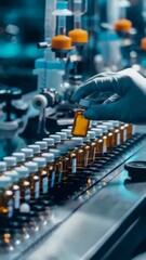 Aufkleber - A gloved hand carefully adjusts amber vials on a production line in a controlled medical environment, ensuring each is perfectly positioned. The vials are filled with a golden liquid.