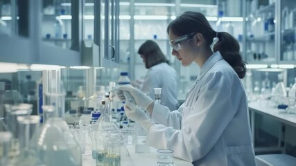 Aufkleber - A scientist is carefully conducting an experiment in a well-lit laboratory. She is using lab equipment, and the scene suggests a focus on precision and the pursuit of scientific discovery.