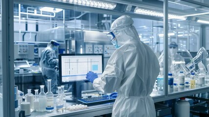Fototapete - A scientist in a full-body protective suit, mask, and gloves works in a modern laboratory. The focus is on a computer screen displaying data. Laboratory equipment and other scientists are visible.