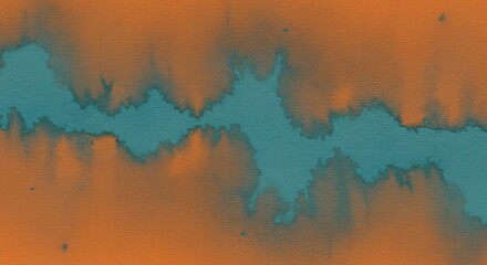Poster - Abstract watercolor painting of a teal river flowing through an orange landscape with textured paper background and blurred edges representing artistic creativity.