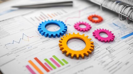 Aufkleber - Colorful Gears on Financial Report Business Strategy Success Teamwork Collaboration Growth Chart Analysis Planning Development Marketing Data Statistics Progress Report  