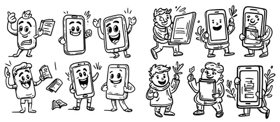 Poster - The cartoon character of a cell phone, complete with a cute face, hands, and legs, is a smartphone retro comic mascot that appears in various poses