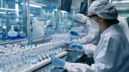 Aufkleber - Inside a sterile lab, gloved researchers handle vials of clear liquid, protected by full body suits, masks and safety goggles. The setting emphasizes scientific precision and the maintenance of