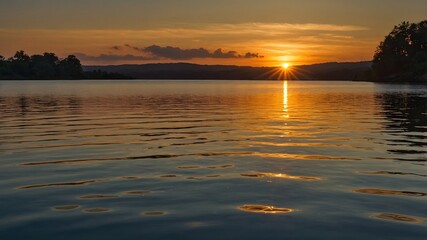 Poster - a breathtaking sunset over a tranquil lake, the golden light reflecting on the water's surface, creating a serene and captivating scene