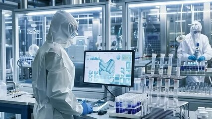 Fototapete - A scientist in a protective suit works at a lab bench, analyzing data on a computer monitor, with test tubes visible in the scene, representing scientific research and medical advancements.