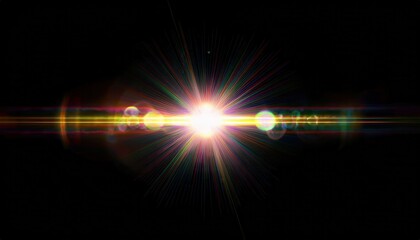 Poster -  radiant lens flare burst with rainbow light streaks on black background for digital design, branding, web visuals, or cinematic overlay resource