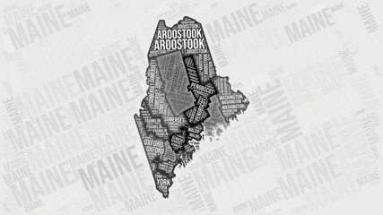 Poster - Maine Animation. Visual effect of Maine counties appearing in black and white word clouds style. State intro video. Awesome Animated Motion Graphics.