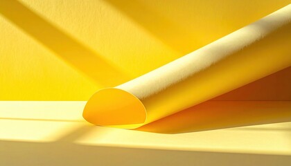 Poster - Curved yellow paper roll in soft light studio setting minimalist art bright environment close-up view creative concept