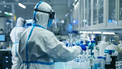 Aufkleber - Two healthcare workers in full protective gear, including suits and face shields, operate in a brightly lit laboratory. They're surrounded by various vials, beakers, and scientific equipment