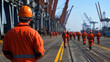 © Maksym - Guards conducting ID verification on dock workers near rusting port cranes