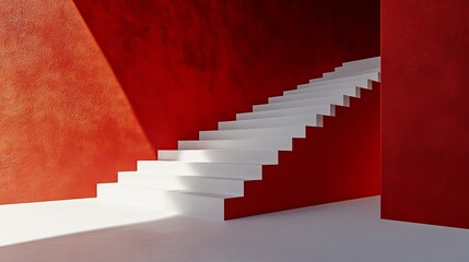 Poster - Modern Minimalist White Staircase Red Wall Background Architecture Design Interior Room Contemporary Abstract Steps Ascent Success Upward Movement Geometric Shape Simple 
