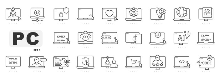 Set of computer related line icons. Laptop, monitor, computing, pc etc. Editable stroke