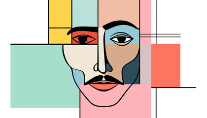 Fototapete - Abstract Face Composition: A unique digital art piece featuring a stylized human face composed of geometric shapes and vibrant colors, exploring themes of identity and perception.