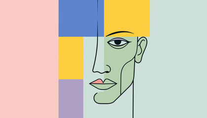 Fototapete - Geometric Abstraction: A thought-provoking illustration of a face composed of bold lines and geometric shapes, embodying the essence of art and design. 