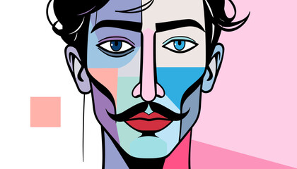 Poster - Artistic Portrait: A captivating close-up portrait showcases a stylized male face. The artwork uses vibrant colors, and geometric shapes to create a mesmerizing and modern aesthetic. 