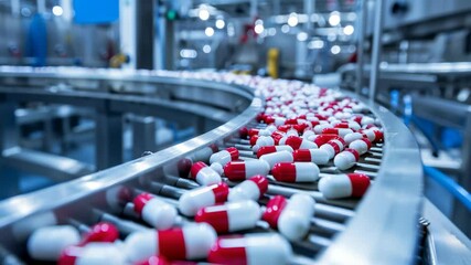 Poster - A multitude of red and white capsules on a conveyor belt in a pharmaceutical manufacturing plant, highlighting the automation in medical production and the advancement of healthcare technologies.