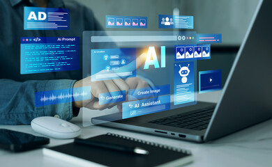 Fototapete - Person using laptop with Ai Content Generator. Interaction with the Ai assistant to solve some tasks more easily. Image generator, documents, marketing and advertising, bot writing and coding.	