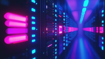 Poster - Digital corridor lined with glowing server racks in vivid pink and blue tones, ideal for cyberpunk, data flow, and futuristic computing themes