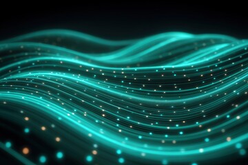 Fototapete - Glowing turquoise lines and dots flow in dynamic waves, creating a futuristic digital landscape on a dark background.