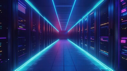 Poster - Neon-lit futuristic hallway in a modern server room with racks on both sides, ideal for digital technology, virtual computing, and cyber infrastructure use