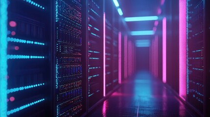 Fototapete - Colorful neon-lit server room corridor with racks and symmetric layout, perfect for tech presentations, futuristic IT systems, and data storage concepts