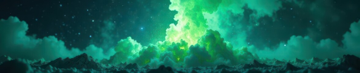 luminous green eruption against a backdrop of swirling blue nebula dust, light, illustration, astron