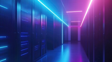 Fototapete - Server corridor lit by blue and pink neon strips, ideal for presentations on virtual computing, futuristic IT environments, and digital infrastructure
