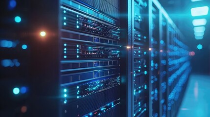 Poster - Close-up view of blue-lit server racks with reflections and light trails, perfect for cyber infrastructure, IT support, and digital storage visuals