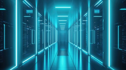 Aufkleber - Futuristic symmetrical server corridor in cyan tones, ideal for IT presentations, data center concepts, and modern cloud infrastructure branding
