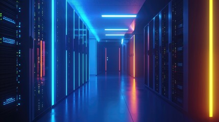 Aufkleber - Blue and red lit server hallway with modern design and glowing server indicators, ideal for cybersecurity, IT infrastructure, and tech concepts