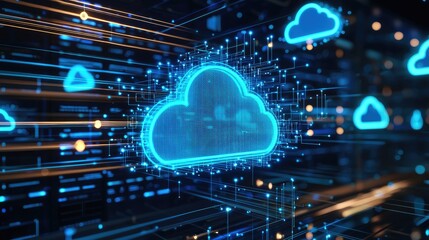 Aufkleber - Neon cloud computing visualization above digital server racks, ideal for cloud services, data flow design, and futuristic IT infrastructure