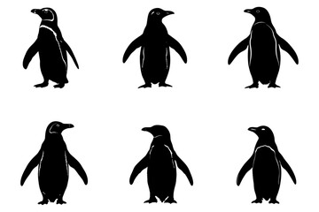 Poster - Six Black and White Penguin Silhouettes on White Background