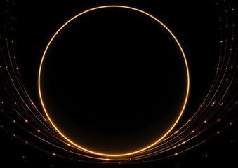 Poster - A glowing golden ring with light trails and dots encircles a dark circular center against a black background.