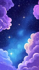 Wall Mural - A vibrant night sky filled with fluffy purple and pink clouds, sparkling stars, and a cosmic glow