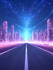 Wall Mural - Futuristic city at night, glowing road leading to a bright, starlit sky