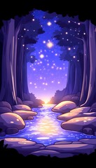 Wall Mural - Serene twilight forest scene; glowing stream,  stars, and tall trees frame a tranquil path