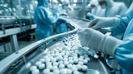 Poster - workers in clean suits are handling pills on a conveyor belt in a pharmaceutical manufacturing facil