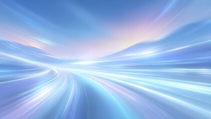 Poster - Futuristic light trails stretch across a blue landscape, conveying motion, speed, and advanced technology.