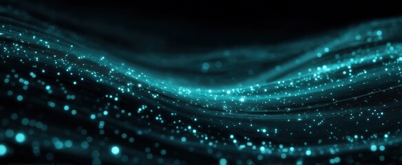 Fototapete - Blue and teal digital waves with glowing particles create an abstract, futuristic, and high-tech background.